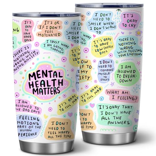 20oz Mental Health Matters Pastel Insulated Stainless Steel Mug with Lid | Double Wall Insulated Mug, Positive Inspirational Design, Gift for Women, Fits Birthday Holiday Christmas Self Love Gift - color: 1 Count (Pack of 1)-Mental Health Breakdown