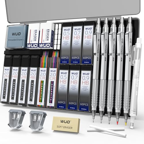 WUO Metal Mechanical Pencil Set, 5-Pack 0.5mm 0.7mm 0.9mm 2.0mm Drafting Pencils with 432 Lead Refills, Precision Eraser Pen, Erasers & Sharpeners for Drawing, Sketching, Writing - color: Silver, size: 0.5/0.7/0.9/2.0