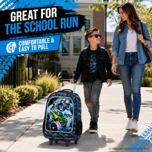 CCJPX 3PCS Truck Rolling Backpack for Boys, Kids Roller Wheels School Bookbag Set, Cars Travel Wheeled School Bag for Toddler Elementary Children-Blue - color: Green Truck