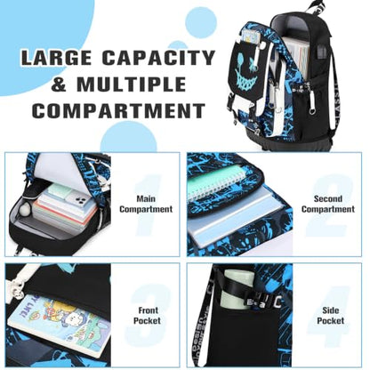 Bevalsa Rolling Backpack for Boys, Roller Backpack with Wheels, Wheeled School Bag with Sling Bag, Lunch Box & Pen Case for Kids Children Teens Elementary Middle Student Glow In The Dark - color: Smile
