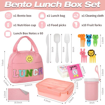 77 Pieces Preppy Bento Box Lunch Box Kit Large Pink Insulated Lunch Bag 3 Layer Stackable Leakproof Lunch Box Containers with Cup,Lunch Bag,Spoon,Fork,60 Pieces Lunch Box Notes for Girl(Pink) - color: Pink