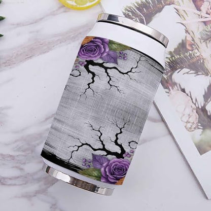 T&H XHome Halloween 14oz Stainless Steel Tumbler with Lid & Straw-Double Wall Vacuum Insulated Travel Mug Evil Flower Bat Linen Texture Gray Water Bottle Coffee Beverage Drinks Cup - size: 14 Ounces