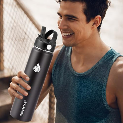 SENDESTAR Insulated Water Bottle 24 OZ, Wide Mouth 24 oz Water Bottle with Straw Lid, Spout Lid, Double Wall Vacuum Stainless Steel Leak Proof, Keeps Liquids Hot or Cold (Black) - color: Black, size: 24 Ounces