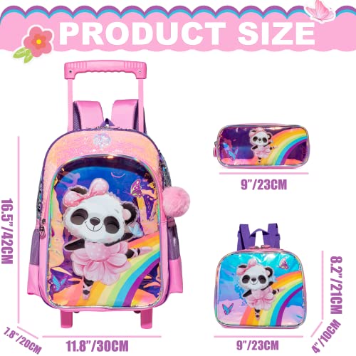 Panda Rolling Backpack for Girls with Lunch Box Kids Backpack with Wheels for School Sequin Trolley Trip Luggage Rolling Bookbag for Kindergarten Girls Elementary - color: Pink Panda-3pcs