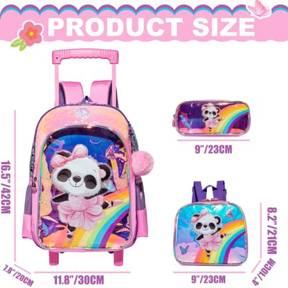 Panda Rolling Backpack for Girls with Lunch Box Kids Backpack with Wheels for School Sequin Trolley Trip Luggage Rolling Bookbag for Kindergarten Girls Elementary - color: Pink Panda-3pcs