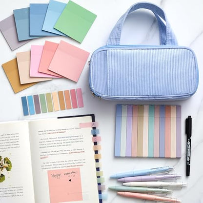 Jutom 39 Pcs Aesthetic Book Annotation Kit Highlighter with Case Bag Gel Pen Transparent Sticky Note Taking Bible Supplies(Light Blue,Classic Style) - color: Light Blue, style: Classic Style