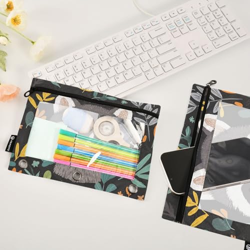 Fustylead Cute Raccoon and Leaves 2 Pack Pencil Pouches for 3 Ring Binder, Big Capacity Binder Pencil Bag with Clear Window for School Office Cosmetic Children Supplies - color: Grey01
