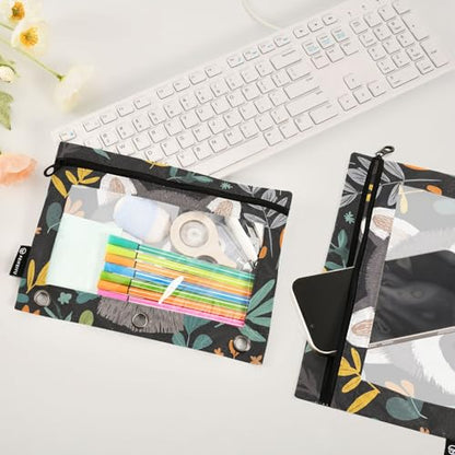 Fustylead Cute Raccoon and Leaves 2 Pack Pencil Pouches for 3 Ring Binder, Big Capacity Binder Pencil Bag with Clear Window for School Office Cosmetic Children Supplies - color: Grey01