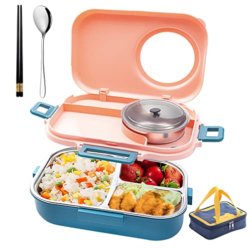 3 Compartments Bento Lunch box with Soup Bowl, Insulated Lunch Bag and Portable Utensils, Stainless Steel Camera Lunch Containers，Leak Proof Bento Box for Adults Men Women（14 years old+） - color: 900ml-Pink