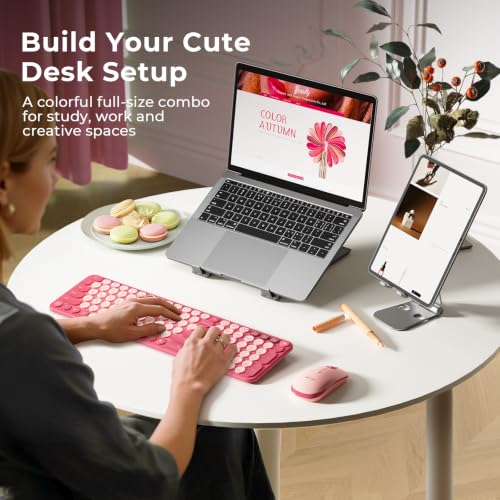 seenda Wireless Bluetooth Keyboard Mouse Combo, COE202 Retro Cute Round Keyboard, Silent Mouse, 3 Multi-Device Connection, Full Size Compatible for PC/Laptop/Mac/MacBook/iPad/Tablet, Pink - color: Pink
