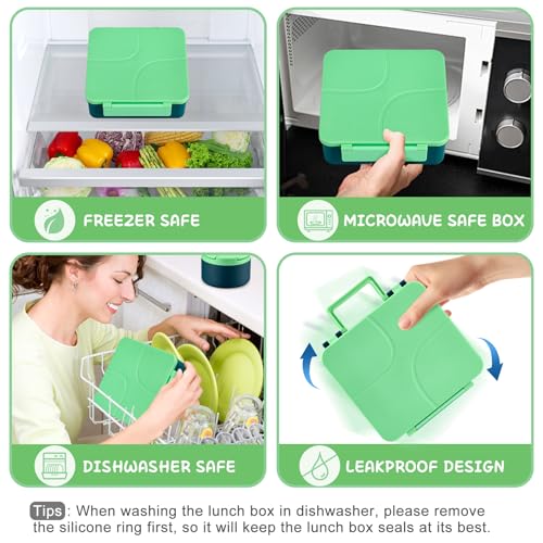MAXSO Bento Lunch Box Set for Kids with 8 oz Soup Thermo, Leakproof Hot Food Container with 4 Compartments, Insulated Food Jar for Toddler Daycare Boys Girls School - Green - color: Green