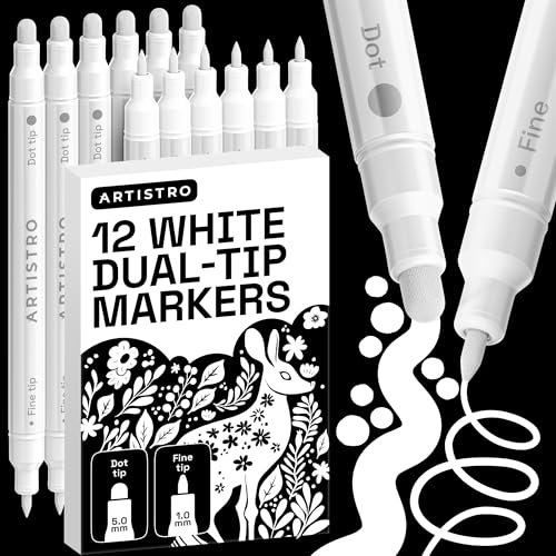 ARTISTRO 12 White Dual-Tip Acrylic Paint Markers – Paint Pens Set with Dot & Fine Tips for Fabric, Rock, Glass, Wood, Coloring Books – Arts & Crafts Gift – Classroom Must Haves & School Supplies - style: White