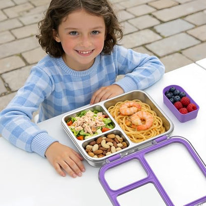 Stainless Steel Bento Box for Kids, 3-Compartment Metal Lunch Box with Clear Lid & Removable Silicone, Lunch Box Kids with Silicone Inner Container for Meal Prep, School, Office (Purple) - color: Purple