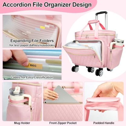 SIYNPAV 5-Wheeled Rolling Teacher Bag with Detachable Trolley, 15.6 Inch Laptop Sleeve & Accordion File Organizer, Large Capacity Teacher Tote with Cup Holder for School Office, Pink