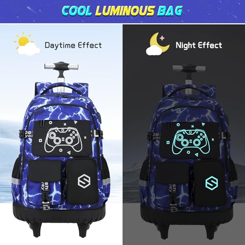 Scothen Rolling Backpack for Boys, Cool Luminous Gamer Roller School Backpacks for Boys with Lunch Bag and Pencil Pouch, Kids Backpack Bookbag with Wheels for Kindergarten Elementary Middle School - color: Blue-lightning