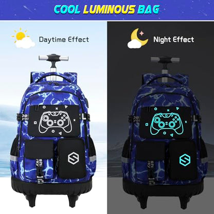 Scothen Rolling Backpack for Boys, Cool Luminous Gamer Roller School Backpacks for Boys with Lunch Bag and Pencil Pouch, Kids Backpack Bookbag with Wheels for Kindergarten Elementary Middle School - color: Blue-lightning
