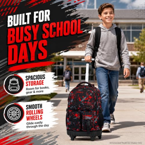 WZLVO 3PCS Boys Rolling Backpack, Water Resistance Roller Bookbag, Wheeled School Bag Set with Lunch Box & Pencil Bag for Teens & Kids - Spray Painted Red - color: 3PCS Boys Rolling Backpack - Spray Painted Red
