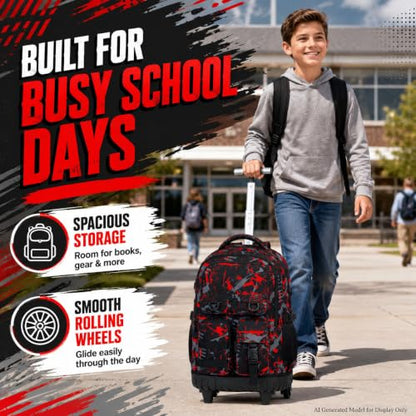WZLVO 3PCS Boys Rolling Backpack, Water Resistance Roller Bookbag, Wheeled School Bag Set with Lunch Box & Pencil Bag for Teens & Kids - Spray Painted Red - color: 3PCS Boys Rolling Backpack - Spray Painted Red