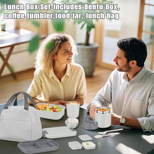 Large Bento Lunch Box Set for Adults Kids Women with 10.5oz Soup Thermo,Coffee Tumblers Men Girls Boys Teenagers Leak-Proof Lunch Food Containers with Lunch Bag - color: Gray