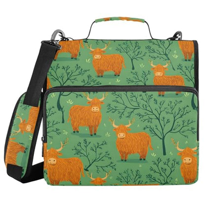 3 Ring Zipper Binder Highland Cow Green Tree Binders Bag with Shoulder Strap 500 Sheets Paper Organizer Trapper Keeper Documents Storage File Folder for School Office - color: A1359