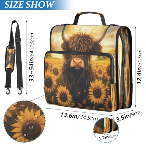 3 Ring Zipper Binder Sunflower Highland Cow Binders Bag with Shoulder Strap 500 Sheets Paper Organizer Trapper Keeper Documents Storage File Folder for School Office - color: A1188