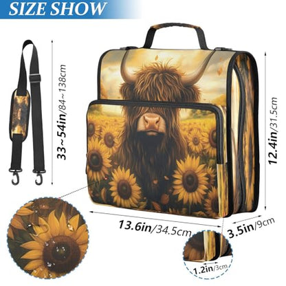3 Ring Zipper Binder Sunflower Highland Cow Binders Bag with Shoulder Strap 500 Sheets Paper Organizer Trapper Keeper Documents Storage File Folder for School Office - color: A1188