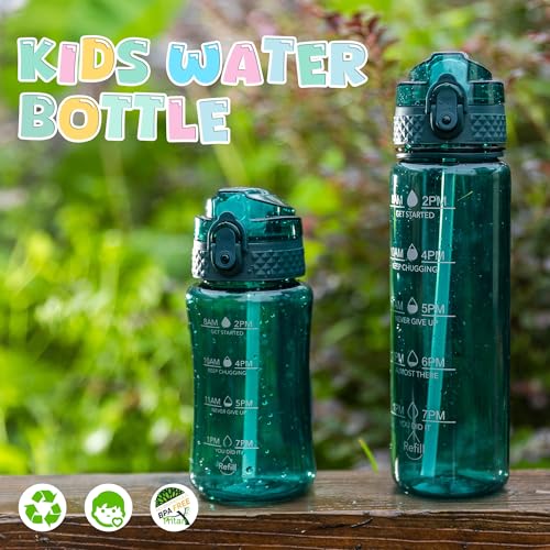 OLDLEY 12oz Kids Water Bottle, Tritan BPA-Free, Leakproof Flip Straw Lid, Motivational Time Marker, Carry Strap, Reusable Clear Water Bottle for Boys & Girls,Trout Green - color: Trout Green, style: 12 Ounces
