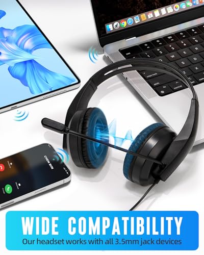 Wired Headset with Mic for Laptop – Computer Headset for Kids Teens Adults with Noise Canceling Microphone & Volume Control – 3.5mm Stereo Headphones with Mute for Home Office Class