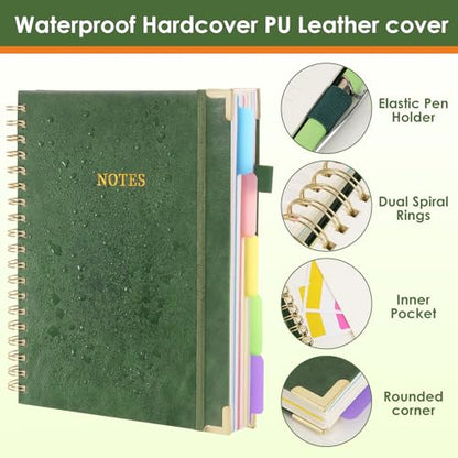 LABUK 5 Subject Notebook College Ruled with Movable Tab Dividers, 300 Pages 8"x10"/B5 Leather Hardcover Spiral Notebook, 100GSM Thick Journal Notebooks for Work, School, Green - color: 3-green