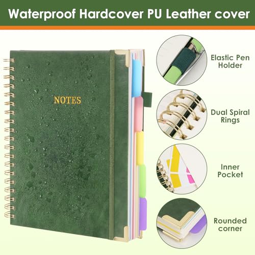 LABUK 5 Subject Notebook College Ruled with Movable Tab Dividers, 300 Pages 8"x10"/B5 Leather Hardcover Spiral Notebook, 100GSM Thick Journal Notebooks for Work, School, Green - color: 3-green