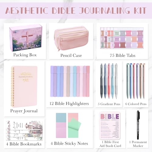 XKDOUS Bible Study Supplies Journaling Kit for Women, Bible Study Kit, 12 Pastel Highlighters and 12 Pens No Bleed, 75 Laminated Tabs, Prayer Journal Pencil Case and More, Pink - color: Pink