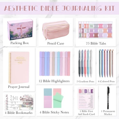 XKDOUS Bible Study Supplies Journaling Kit for Women, Bible Study Kit, 12 Pastel Highlighters and 12 Pens No Bleed, 75 Laminated Tabs, Prayer Journal Pencil Case and More, Pink - color: Pink