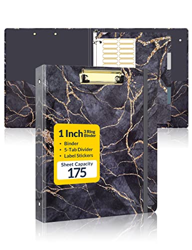 SUNEE 1 Inch Binder with Dividers, Cute Binder with Clipboard, Three Ring Binder Organizer, 5 Tab Dividers, 18 Labels and 2 Pockets, Letter Size for School and Office Supplies,Black Marble Design - color: Black Marble, size: 1 in, style: Binder with Clip