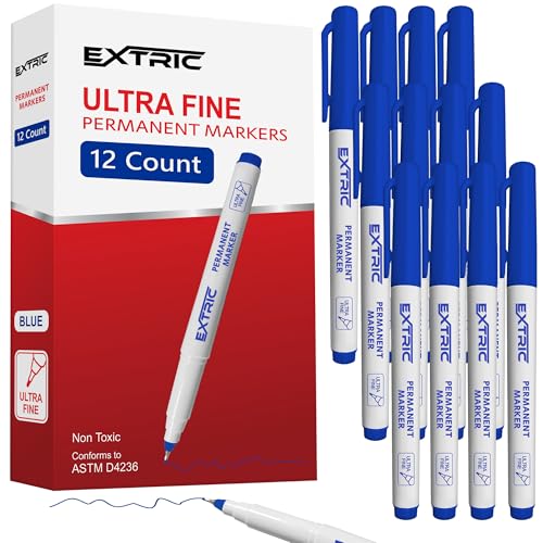 EXTRIC Permanent Markers Ultra Fine Tip, Blue, 12 Pack, Quick Drying, Waterproof, Fade Resistant Artist Markers for Wood, Plastic, Metal, Paper & More, Fine Line Drawing, Coloring - color: Blue