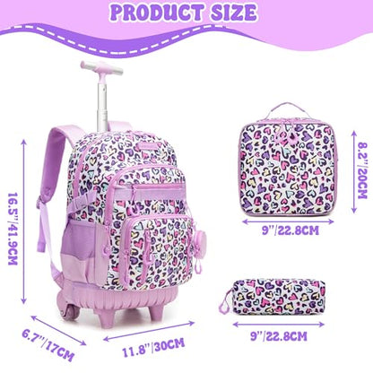 Kids Rolling Backpack with Wheels,3PCS Kids Trolley School Bag Set with Lunch Box & Pencil Case,Bookbag for Elementary School Travel - color: Purple Multicolor Love