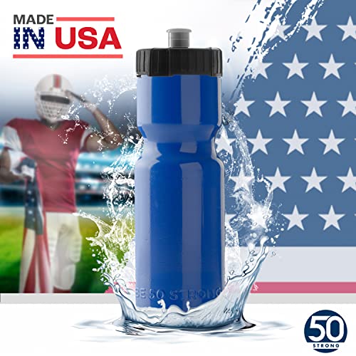 50 Strong Sports Water Bottles – Reusable 22 oz BPA-Free Plastic Bottles with Pull Top Cap – Made in USA – Top Rack Dishwasher Safe – Fits Most Bike Cages Brand - color: Blue, style: 2 Pack