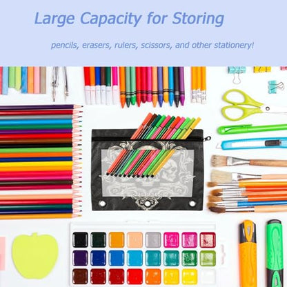 2 Pack Gothic Skulls Grunge Style Art Logo 3 Ring Binder Pencil Pouches Bags,Clear Window Storage Case with Zipper for Boys Girls School Office Supplies Cosmetics Organizers - color: Multi-skull