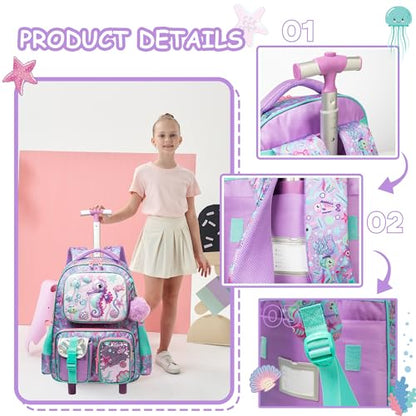 Meetbelify Kids Rolling Backpack with Wheels for Girls Rolling Backpacks with Lunch Box for Elementary School Students 3 in 1 Travel Luggage Suitcase for Girls Age 8-10 - color: Girl 03