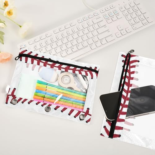 Kcldeci Pencil Pouch for 3 Ring Binder, Red Baseball Pattern 2 Pack Binder Pencil Pouch with Clear Window Pencil Bags with Zipper Pencil Case for Binder - color: A04