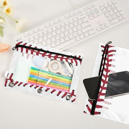 Kcldeci Pencil Pouch for 3 Ring Binder, Red Baseball Pattern 2 Pack Binder Pencil Pouch with Clear Window Pencil Bags with Zipper Pencil Case for Binder - color: A04