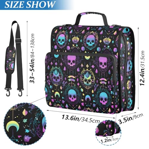 3 Ring Zipper Binder Magic Skull Binders Bag with Shoulder Strap 500 Sheets Paper Organizer Trapper Keeper Documents Storage File Folder for School Office - color: A854