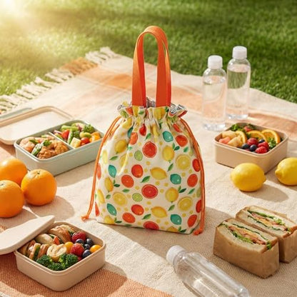 Solid Color & Fruit Print Lunch Bag, Insulated Leakproof Drawstring Pouch with 5mm Anti-Sag Base for Adult Work Commute Picnic (Lemon Fruit Print) - color: Lemon Fruit Print