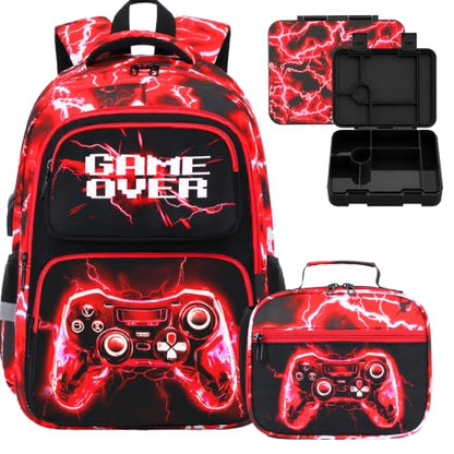 Bevalsa Kids Backpack for Boys with Bento Lunch Box, Insulated Bag & Utensils, 43oz Lunch Containers, Gamer Backpack School Bags for Elementary Middle School Student (Red Lightning) - color: Red Lightning