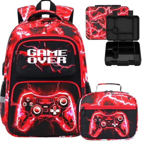 Bevalsa Kids Backpack for Boys with Bento Lunch Box, Insulated Bag & Utensils, 43oz Lunch Containers, Gamer Backpack School Bags for Elementary Middle School Student (Red Lightning) - color: Red Lightning