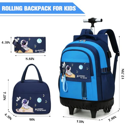 ACESAK Rolling Backpack for Boys, Kids Backpack with Wheels Portable with Insulated Lunch Box & Pencil Case, Multi-Pocket Roller Backpack for Preschool Kindergarten Kids Boys Travel(Dark Blue) - color: Dark Blue