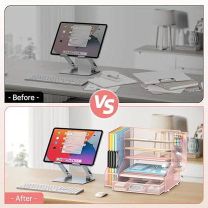 5-Tier Desk Organizer with File Holder & Pen Holder & Sliding Drawer, Pink | Mesh Metal Paper Letter Tray for Papers, Mail, Office Supplies, and Desk Accessories - color: Pink