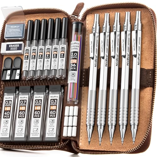 Nicpro 20PCS Metal Mechanical Pencil Set in Leather Case, Art Drafting Pencil 0.3, 0.5, 0.7, 0.9 mm & 2mm Lead Holders, 9 Tube (4B 2B HB 2H Colors) Lead Refills, Erasers For Sketching Drawing - color: Silver, size: 20pcs
