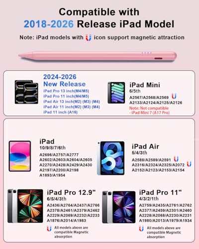 Stylus Pen for iPad (2018-2026), Fast Charge for iPad Pencil with Palm Rejection, Active Pen Compatible with Apple iPad A16 11/10/9/8/7/6, iPad Pro M5/M4/11/12.9", Mini 5/6, Air 3/4/5/M2/M3 (Pink) - color: A19D-Pink