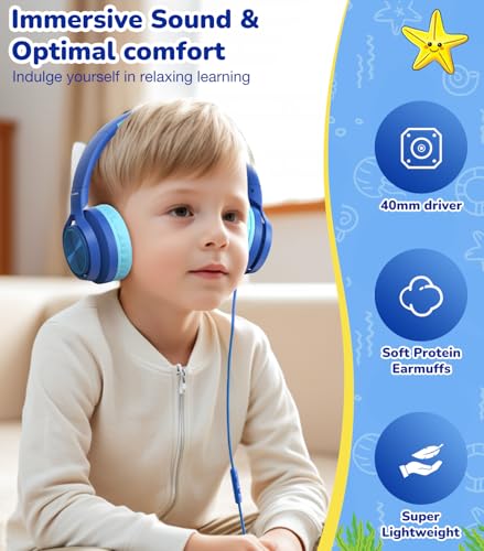 Bywulanda USB-C Kids Headphones with Mic, Safe Volume Limiter 85/94dB, Adjustable Headband, Foldable Wired Headphones for Boys & Girls, Over Ear Headphones for School/Chromebook/Tablet/Laptop/Travel - color: Navy Blue