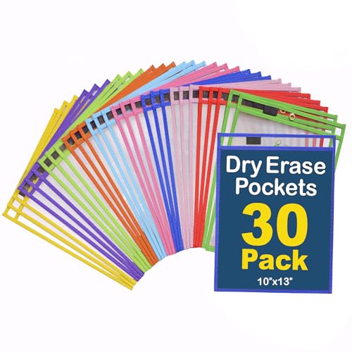 Dry Erase Pockets 30 Pack - 10 x 13 Reusable Dry Erase Pocket Sleeves for Work & School Worksheets - Heavy Duty Clear Pocket Sleeves - Quickly Wipe to a Flawless Clean (Multicolor)